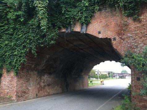 This brick segmental arch over westbound Riverside drive near Central City Park was built in 1915.