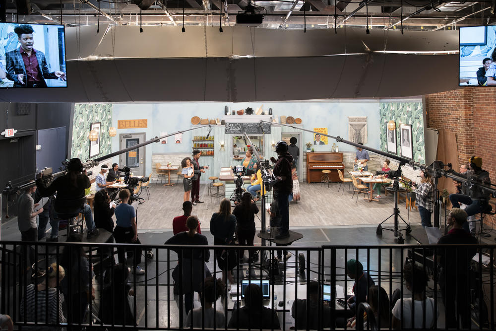 The set of G.R.I.T.S, a sitcom produced by students at The Savannah College of Art and Design. A live audience watches the taping at Hamilton Hall on March 8, 2019.