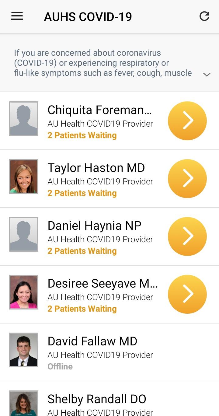 A screenshot from the AU Health ExpressCare app. The first step in securing a coronavirus test through the app is picking a healthcare provider for your initial screening. 