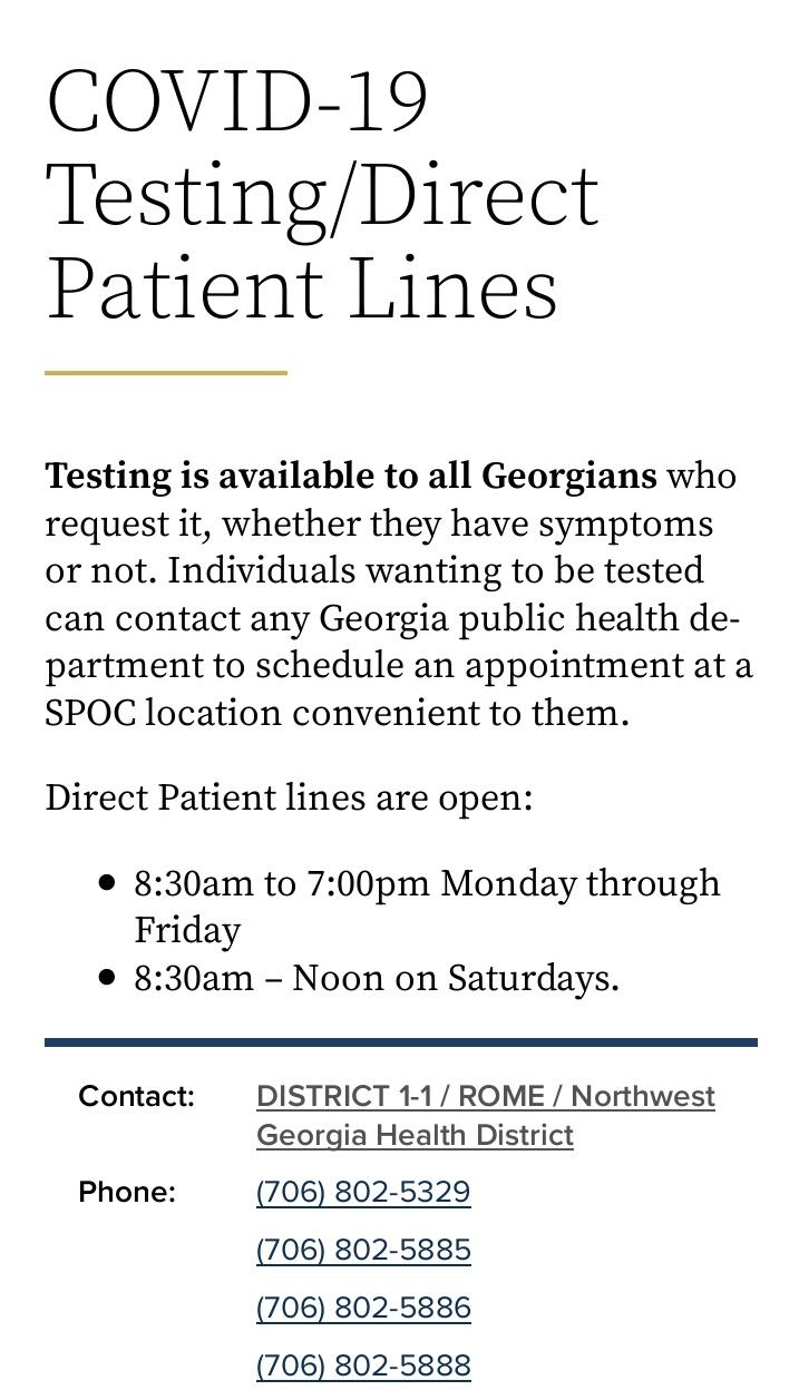 The Georgia Department of Public Health has phone numbers for all regional health departments past this link. https://dph.georgia.gov/covid-19-testingdirect-patient-lines