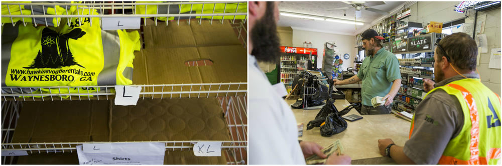 (Left) Safety shirts for sale in Shane Hawkins' convenience store near Plant Vogtle. (Right) Jonathan Fensamaker takes a month's rent, in cash, from two Vogtle construction workers living in Hawkins' RV park.