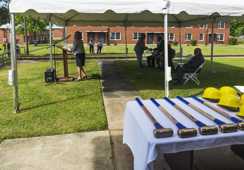 During the ceremony kicking off the demolition of Tindall Heights in Macon, Georgia. 