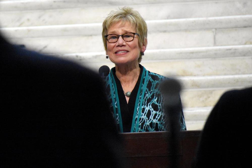 Georgia Department of Public Health Commissioner Kathleen Toomey answers questions at a COVID-19 briefing at the Georgia State Capitol.