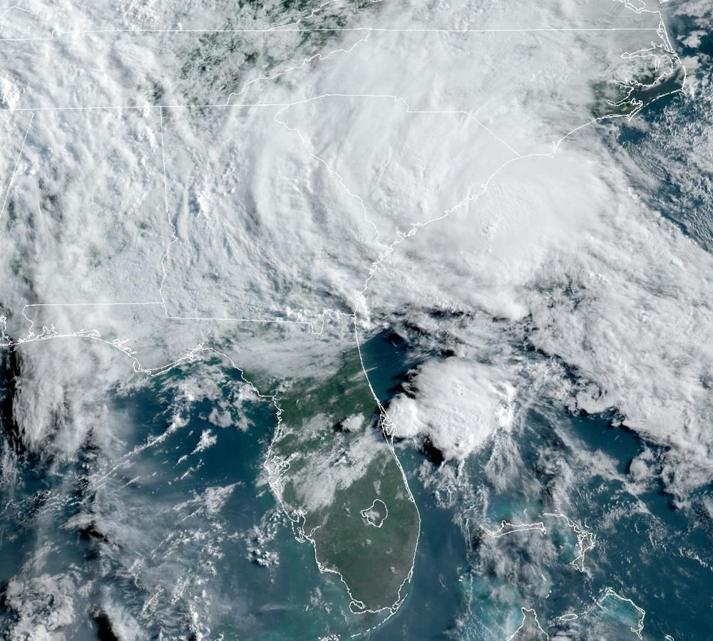 This GOES-16 satellite image taken Wednesday, May 27, 2020, at 11:40 UTC and provided by THE National Oceanic and Atmospheric Administration (NOAA), shows Tropical Storm Bertha approaching the South Carolina coast.