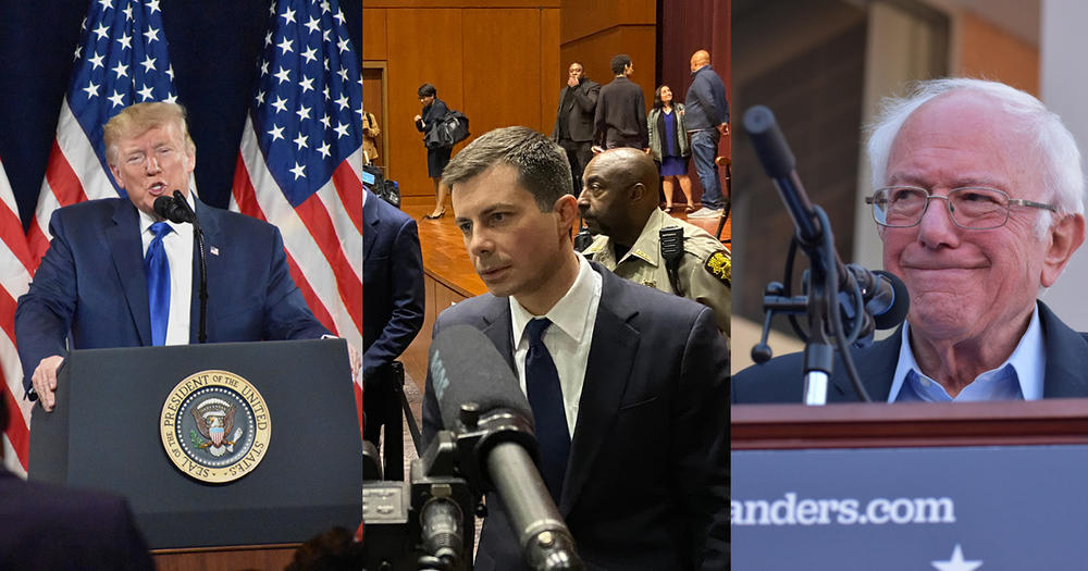President Donald Trump (left), former South Bend, Ind. Mayor Pete Buttigieg (center) and Vermont Sen. Bernie Sanders (right) raised the most money from Georgians in the last quarter of the year in the presidential contest.