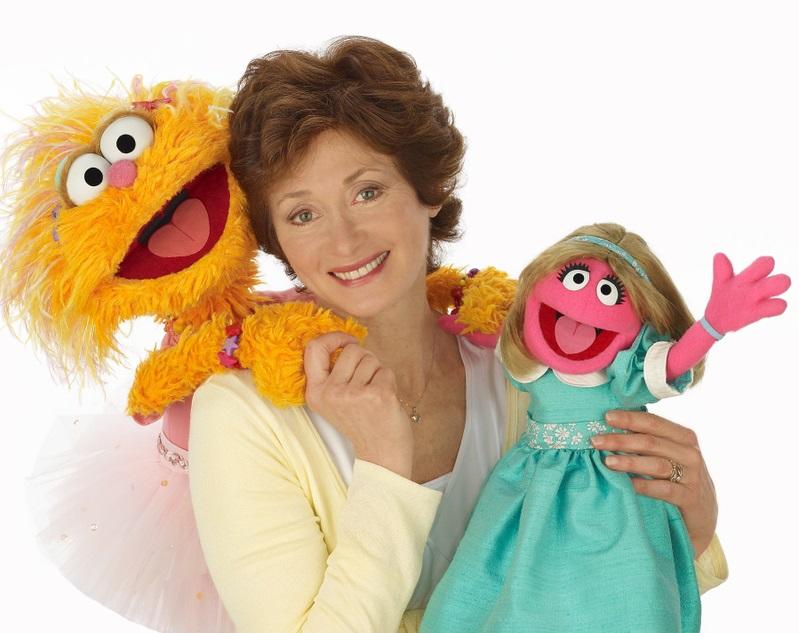 Fran Brill with  her Sesame Street chartacters, Zoe and Prairie Dawn.