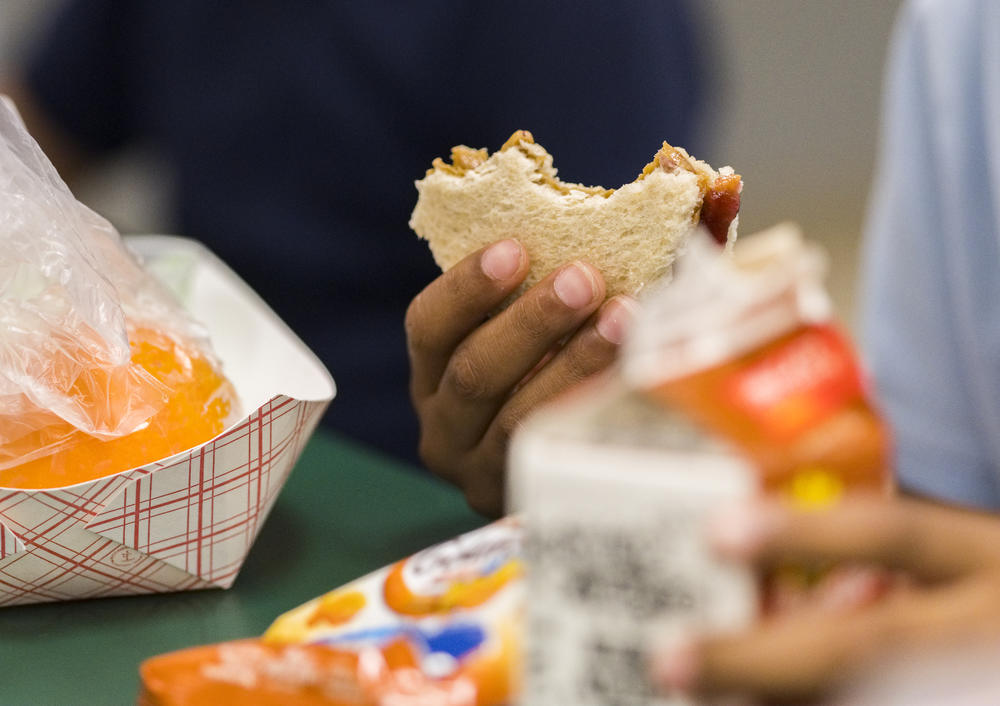 A prepackaged, delivered by the USDA, peanut butter and jelly sandwich in the cafeteria at International Studies Elementary Charter. 