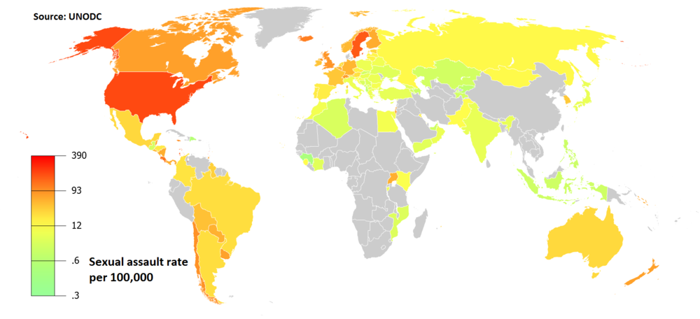 Sexual violence rates per 100,000 people, 2010-2012. Sexual violence means rape, attempted rape and sexual assault of any form, that was reported. United Nations Office on Drugs and Crime states only 11% of sexual assaults are reported. 