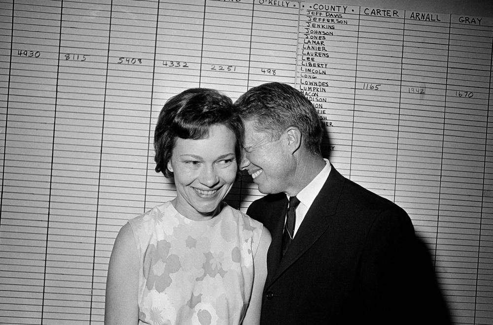Then Georgia State Sen. Jimmy Carter hugged his wife, Rosalynn, at his Atlanta campaign headquarters on September 15, 1966 after making a strong showing in Wednesday's primary election, September 14, 1966, in the race for the Democratic nomination for governor of Georgia. 