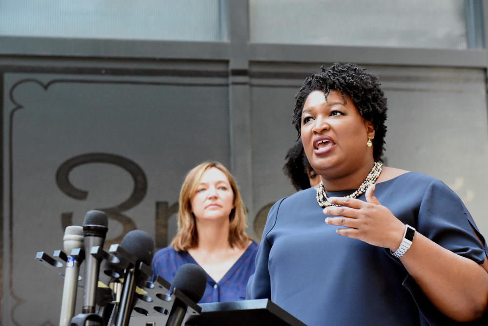 Democrat Stacey Abrams speaks at a press conference in Atlanta on her statewide jobs tour.