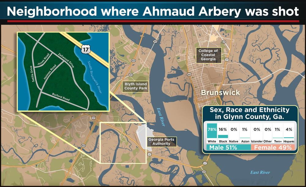The neighborhood where Ahmaud Arbery was killed and the surrounding area. More than 75% of the Glynn County population is white.