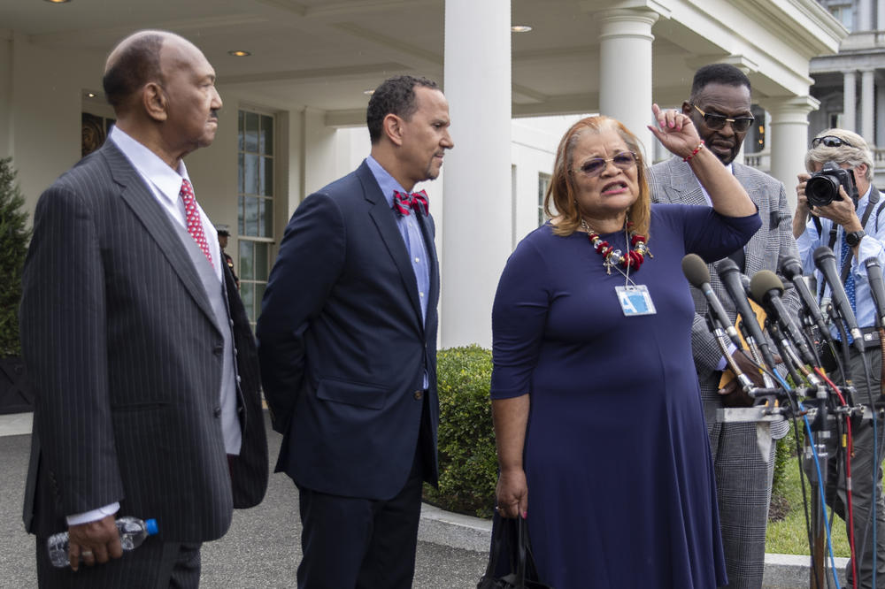 Alveda King, niece of civil rights leader Martin Luther King Jr., along with religious leaders, from left, Rev. Bill Owens, Rev. Dean Nelson and Bishop Harry Jackson, speaks at the White House following a meeting with President Donald Trump.