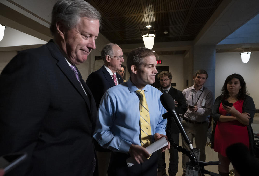 House Republicans, from left, Rep. Mark Meadows, R-North Carolina, Rep. Mike Conaway, R-Texas, and Rep. Jim Jordan, R-Ohio, defend President Donald Trump in the ongoing impeachment inquiry at the Capitol in Washington, Monday, Oct. 28, 2019. 