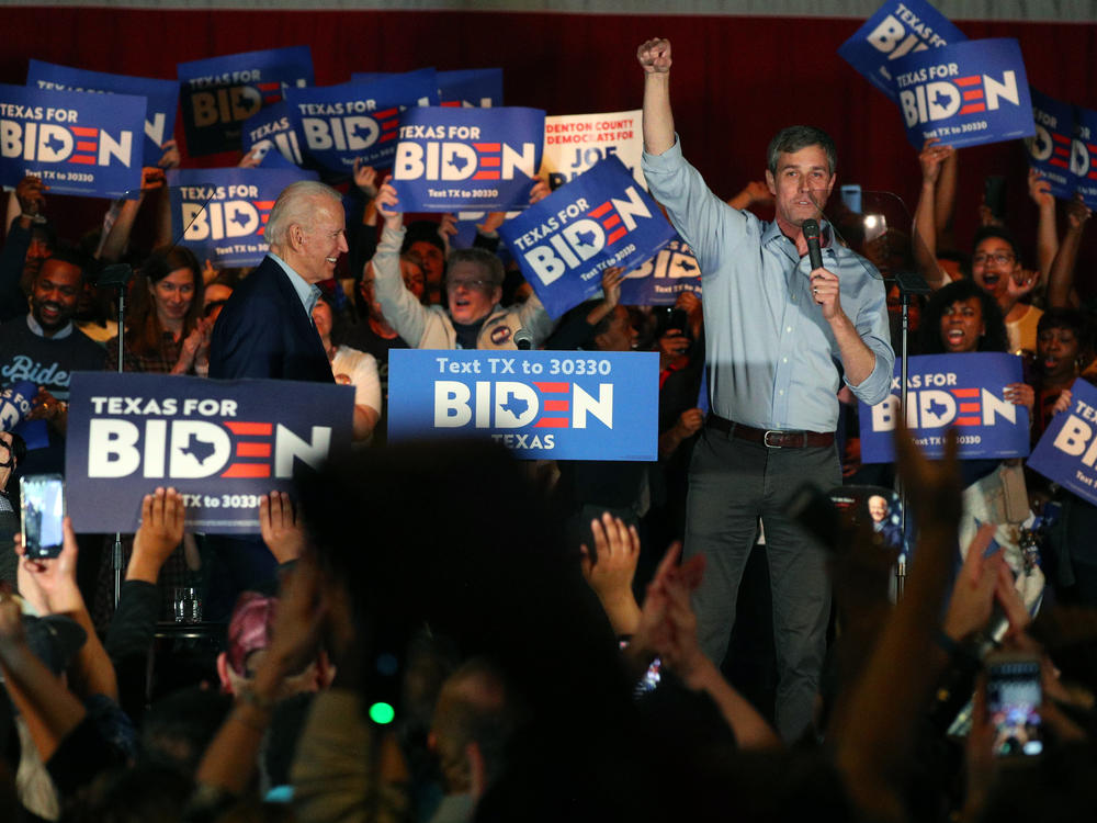 Joe Biden holds a campaign rally in March in Dallas with former U.S. Rep. Beto O'Rourke of Texas. Biden's presidential campaign is going on the air with an ad in Texas.