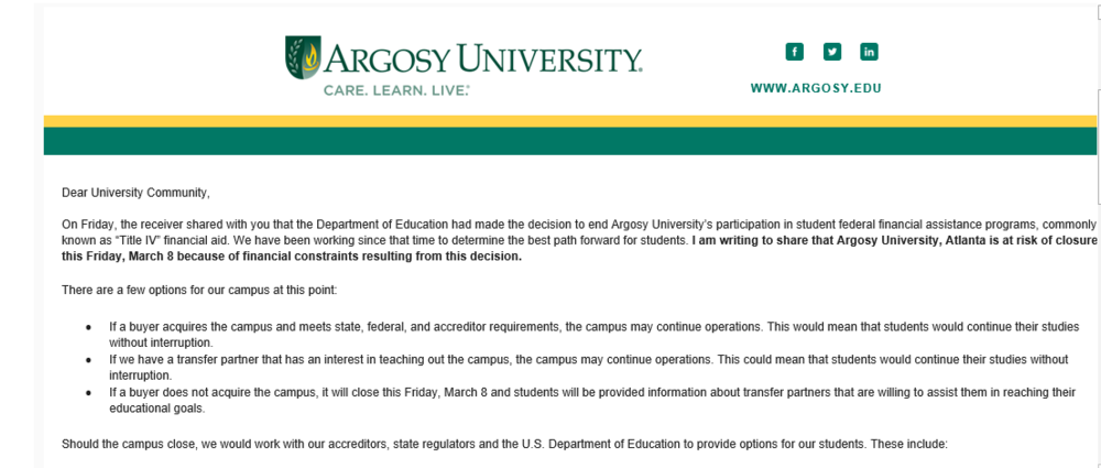Screenshot of an email sent Wednesday by Argosy University to students. The Atlanta campus is in danger of closing Friday. 