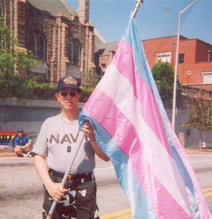 Monica Helms, creator of the transgender flag, marching in a Pride Parade in 2004. 
