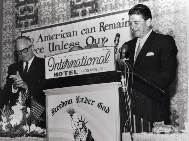 Ronald Reagan speaks for presidential candidate Barry Goldwater in Los Angeles in 1964.