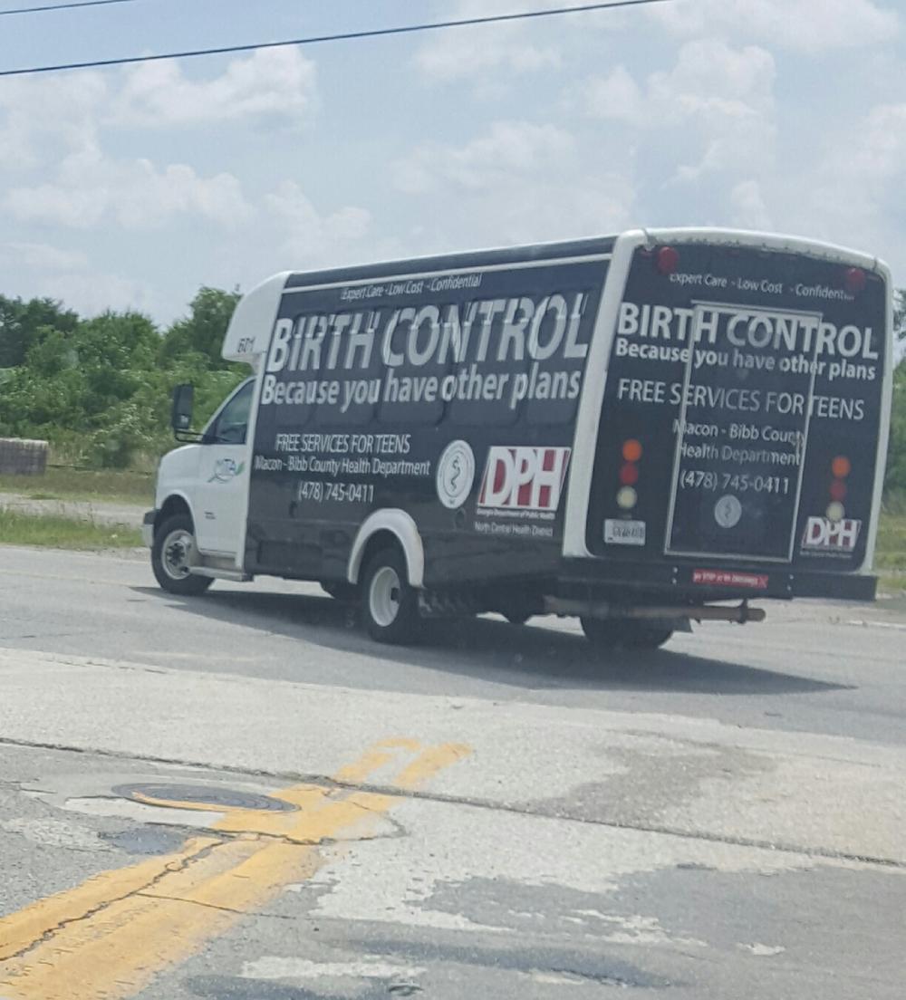 A birth control message from the Macon-Bibb County Health Department on a Macon-Bibb bus. 