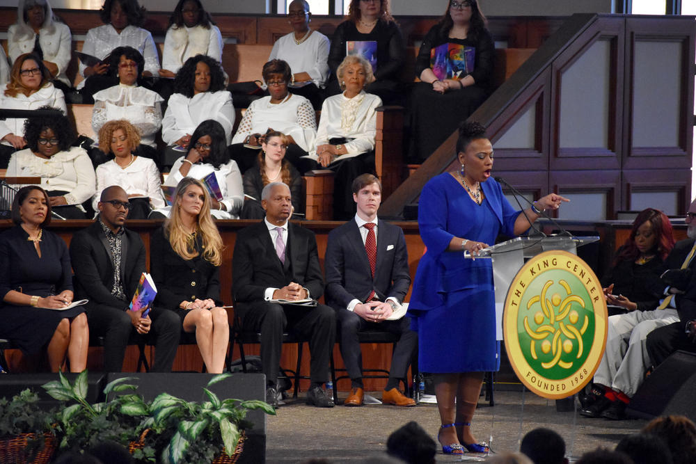 Bernice King, youngest daughter of Martin Luther King Jr., speaks at the 2020 King Commemorative Service at Ebenezer Baptist Church in Atlanta