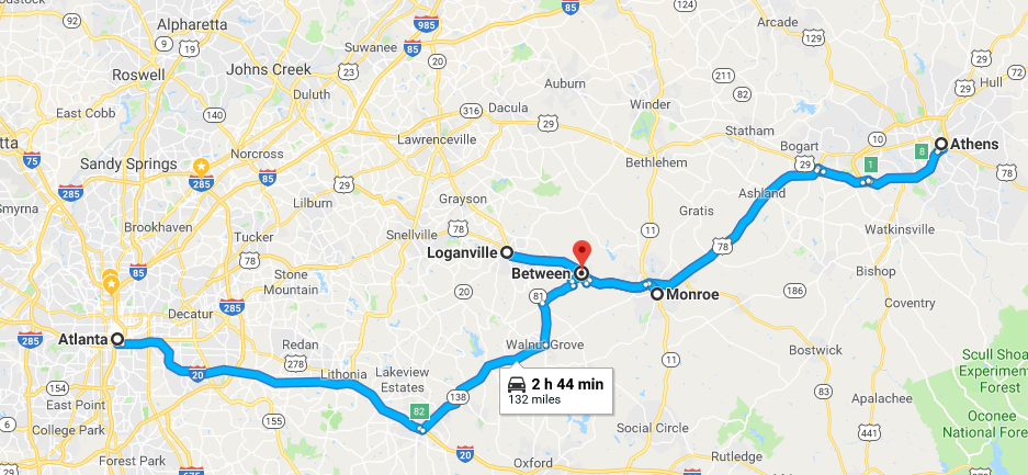 A map showing Between, between other cities. 