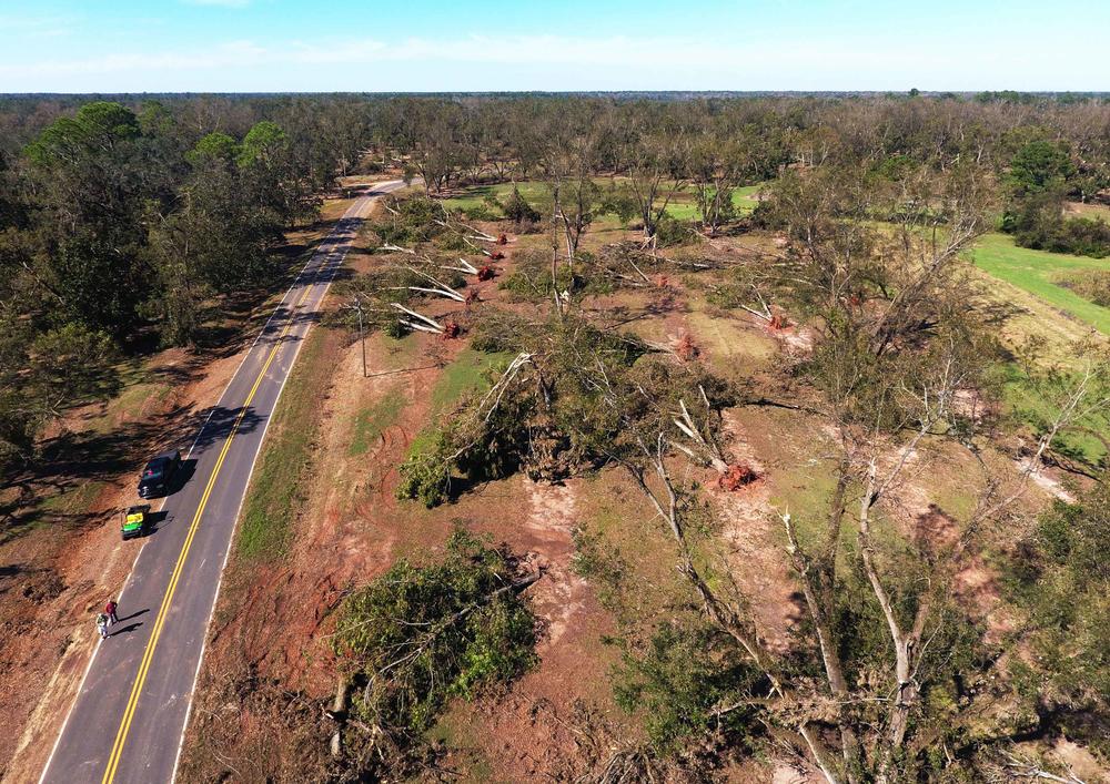 An aerial photo of the Pine Knoll Pecan Plantation after Hurricane Michael hit.