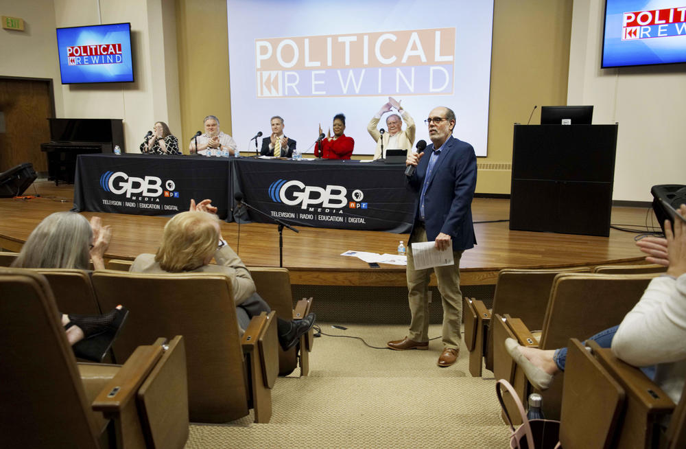 The Political Rewind panel reacts to a comment from the audience during the program Thursday, April 12, 2018, at the Mercer University School of Medicine in Macon.  