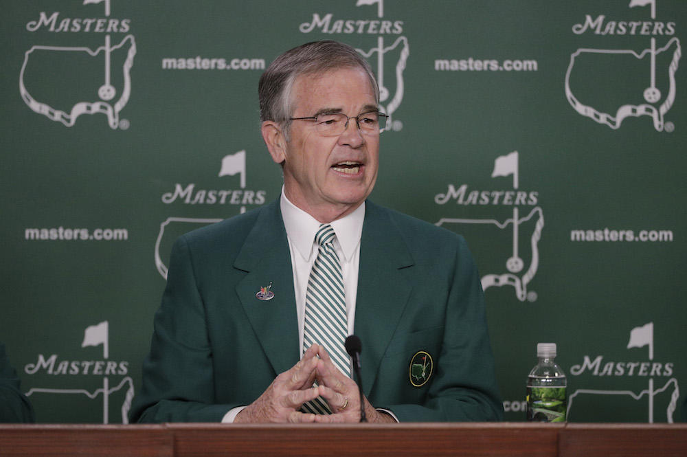 Billy Payne, chairman of Augusta National Golf Club, speaks during a press conference during a practice round for the Masters golf tournament Wednesday, April 6, 2016, in Augusta, Ga. He announced Wednesday, Aug. 23, 2017, that he is retiring.