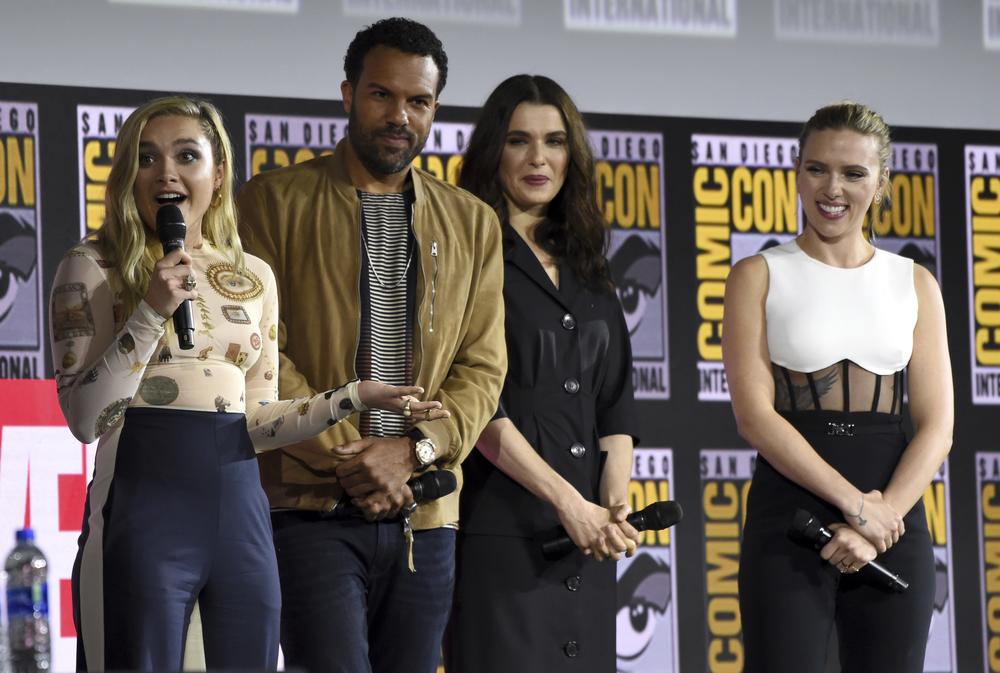  (From left) Florence Pugh, O. T. Fagbenle, Rachel Weisz and Scarlett Johansson participate during the "Black Widow" portion of the Marvel Stuadios panel on day three of Comic-Con Interntional Saturday, July 20, 2019, in San Diego.