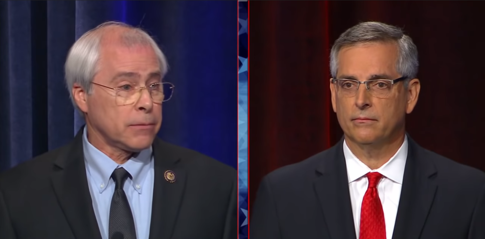 Democrat John Barrow, left, and Republican Brad Raffensperger, right, at the Atlanta Press Club/Georgia Public Broadcasting Debate. 