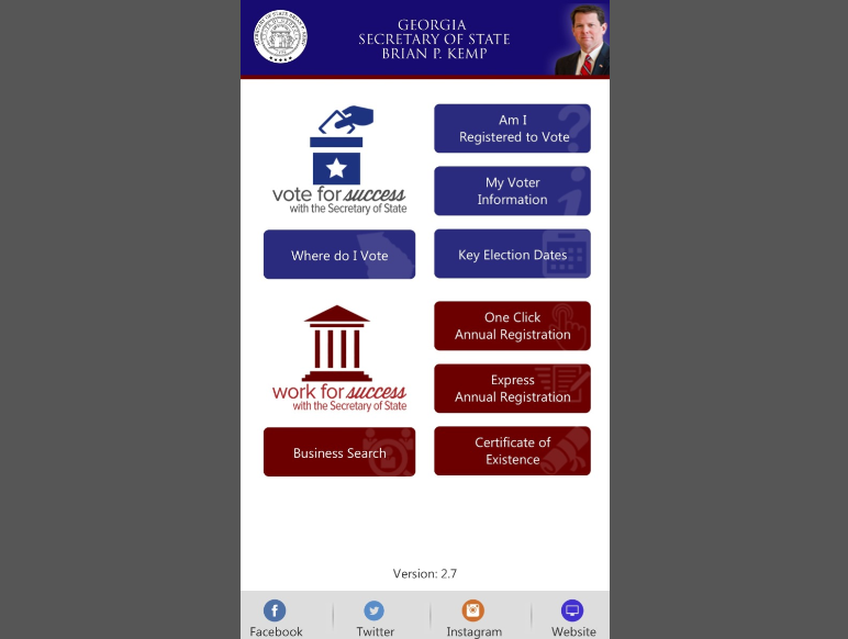 The homepage of the Georgia Secretary of State's app on 7/31/18. Social media links at the bottom redirect to Brian Kemp's social media pages, which are primarily being used to promote his campaign for Georgia's governor.