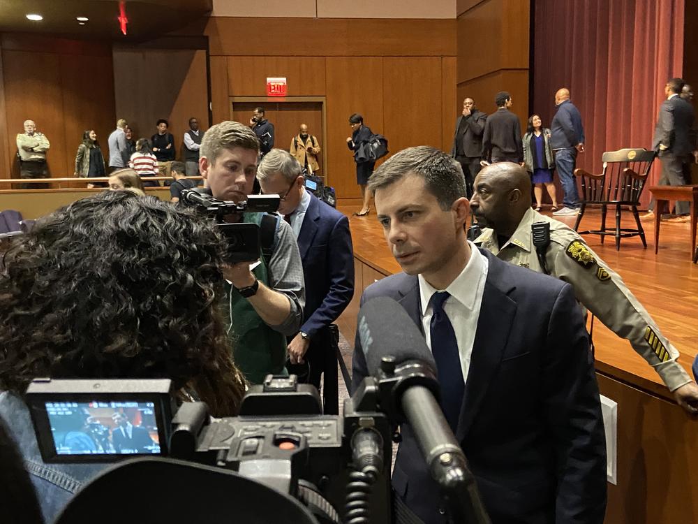 South Bend, Indiana, Mayor Pete Buttigieg answers questions after a conversation at Morehouse College in Atlanta.