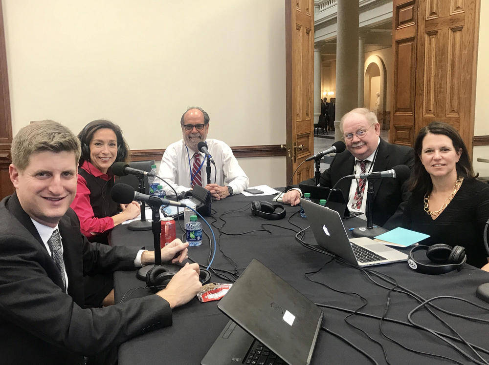 From left to right: Greg Bluestein, Teresa Tomlinson, Bill Nigut, Jim Galloway, and Jackie Cushman.