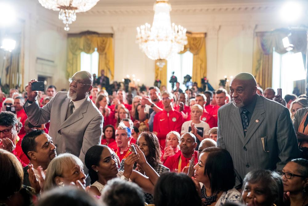 1968 US Olympic athletes Tommie Smith, right, and John Carlos, left, stand as they are recognized by President Barack Obama during a ceremony at the White House on Thursday, Sept. 29, 2016.