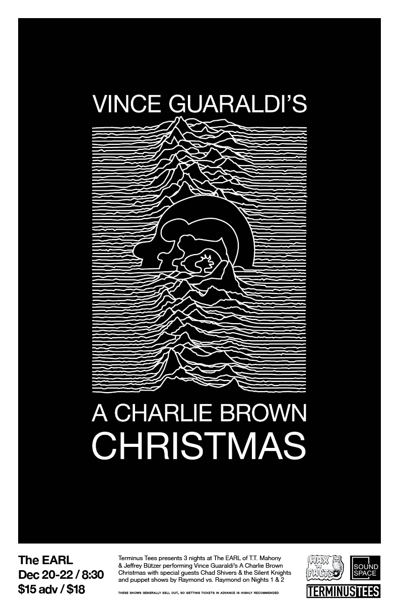 Designed by Lee Tesche (of the band Algiers), the flyers for the 'A Charlie Brown Christmas' performances are inspired by famous album covers, while incorporating Charlie Brown and other Peanuts characters. In previous years, posters have been in the style of Nirvana's 'Nevermind' and Kraftwerk's 'The Man-Machine.' This year, the poster pays homage to Joy Division's album 'Unknown Pleasures.'