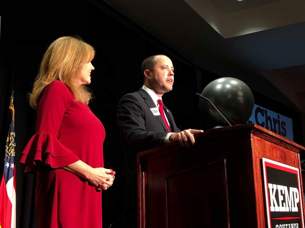 Joan Kirchner Carr (left) with Chris Carr at The Classic Center in Athens. Carr won reelection as Attorney General.