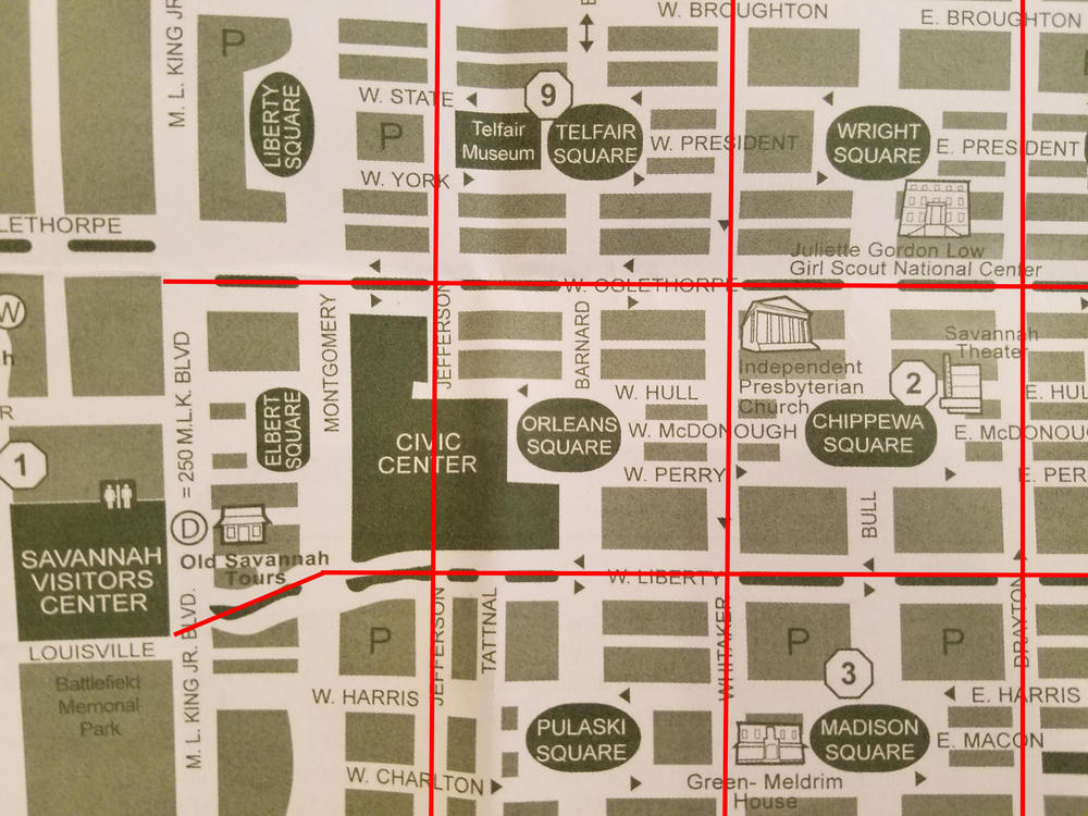 Savannah's city plan consists of a series of wards, or streets and lots, laid out around a square. The existing civic center disrupts two such wards, with one of the squares reduced to a small strip.