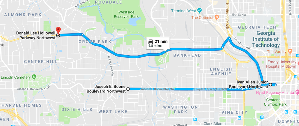 A map showing Donald Lee Hollowell Parkway, Joseph E Boone Boulevard and Ivan Allen Jr. Boulevard. 