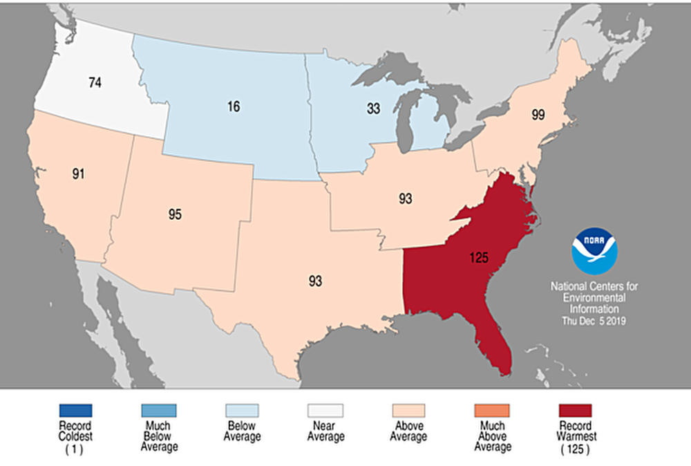 A map from the National Oceaninc and Atmospheric showing regional trends for average temperatures across the U.S. Temperatures in the south were the highest since records were officially kept starting in 1895. 