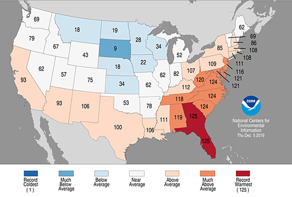 Data from NOAA shows that Florida and Georgia led the regional increase in average temperatures in the South in 2019. 