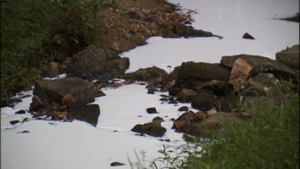 A video still of a creek in Smyrna, Georgia that was contaminated in 2016 by a chemical spill.