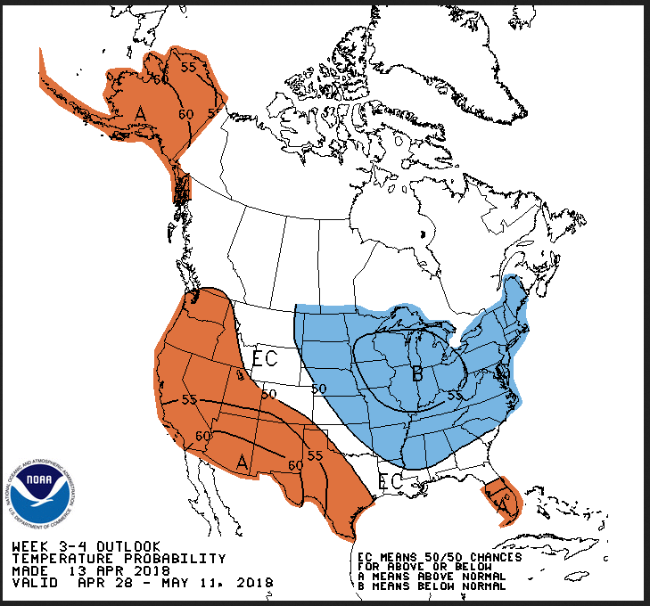 The NOAA Climate Prediction Center projects cooler than average temperatures across Georgia until the beginning of May.