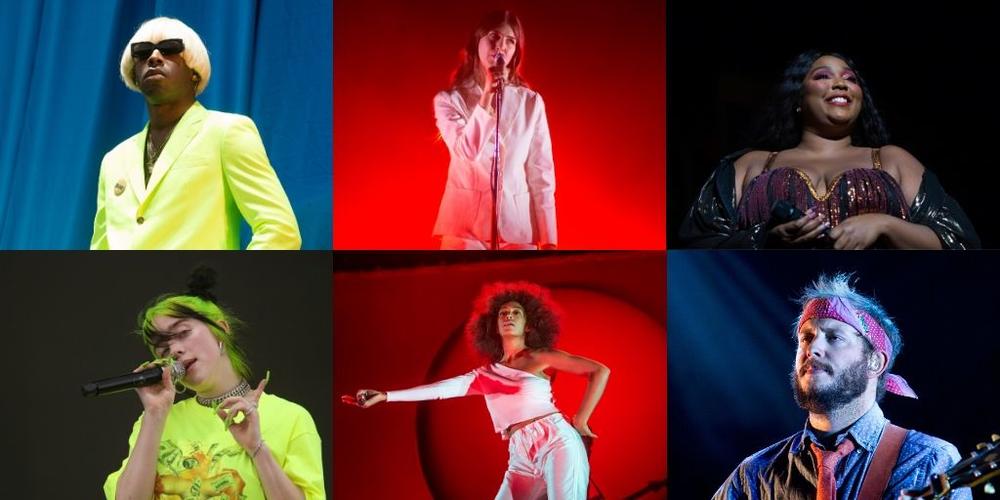 Clockwise from Top Left: Tyler, the Creator; Natalie Mering of Weyes Blood; Lizzo; Justin Vernon of Bon Iver; Solange; Billie Eilish. 