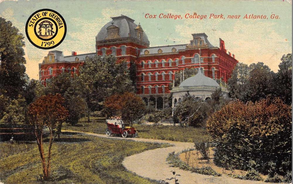 An old postcard featuring Cox College
