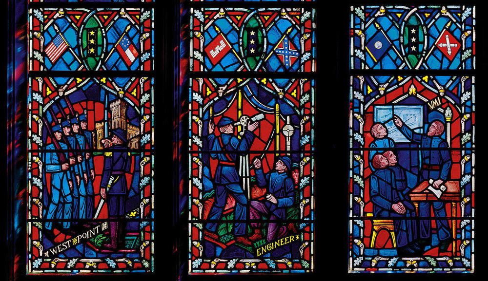 The set of windows at the Washington National Cathedral honors Confederate Gens. Robert E. Lee and Stonewall Jackson, showing scenes from their lives.