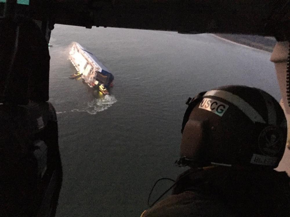 Coast Guard crews and port partners respond to a disabled cargo vessel with a fire on board in St. Simons Sound, Georgia. 