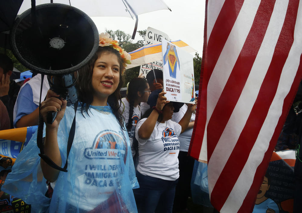 Claudia QuiÃ±onez (center) leads protesters in a chant at a rally for DACA in Washington, D.C.