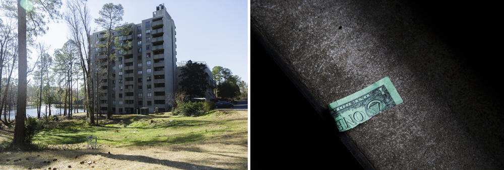 The high rise at the center of Crystal Lake Apartments, left. Play money in the stairwell of the building, right. 