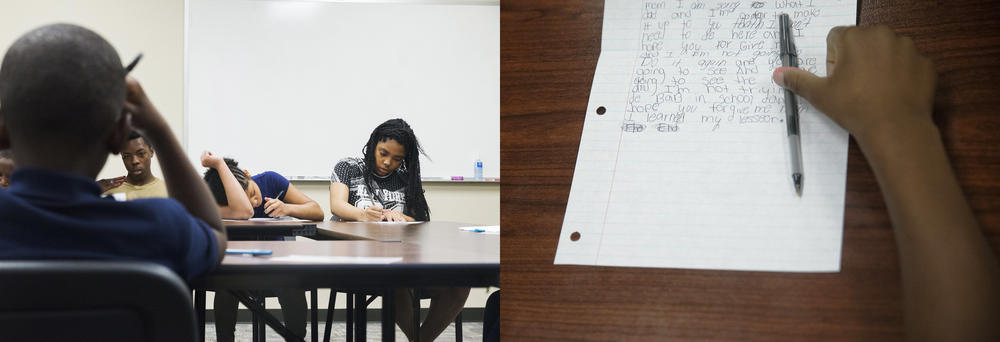 After their jail tour, program participants are made to write apologetic essays they will later read aloud to the adults who brought them to the program. 