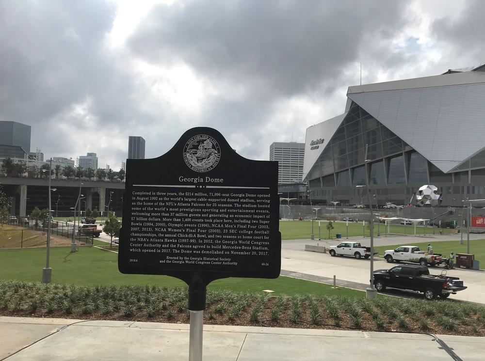 The historical marker that sits at the former site of the Georgia Dome. 