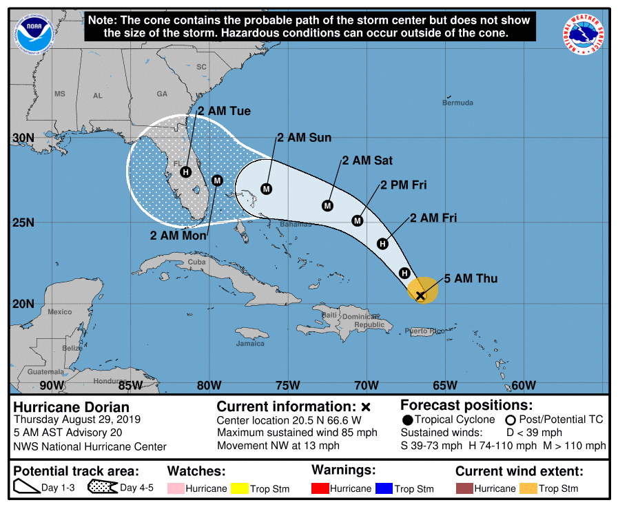 Part of the Georgia coast is no longer in the probable track of Hurricane Dorian, though storm conditions are still possible outside the forecast cone.